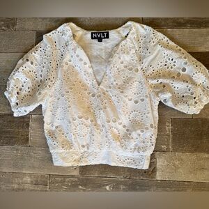 NVLT Women's white 100% cotton Eyelet Blouse with puff sleeve